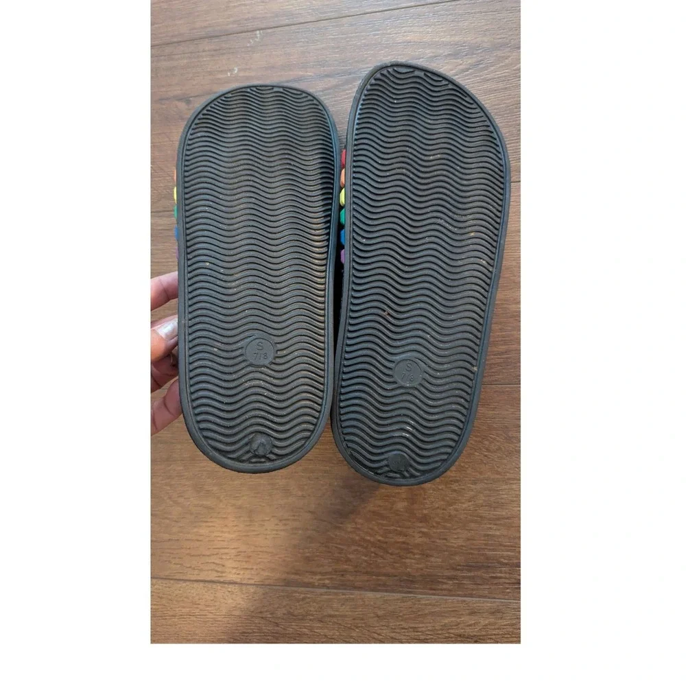 Rainbow Striped Black Slide Sandals Mens 7/8 Womens 9/10 Pride Summer Beach Shoe